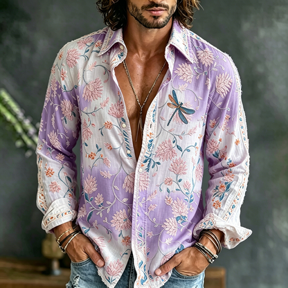 Men's Vintage Floral Embroidered Art Print Flowy Linen Blend Casual Shirt
