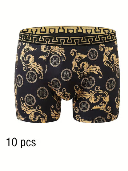 10pcs of Men's Boxer Underwear, Breathable and Soft, High-end Black Golden