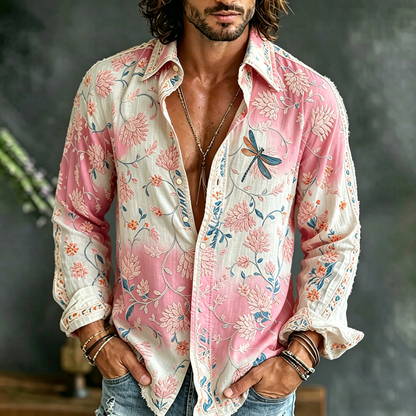 Men's Vintage Floral Embroidered Art Print Flowy Linen Blend Casual Shirt