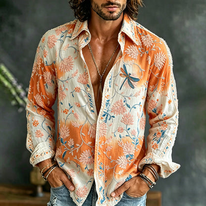 Men's Vintage Floral Embroidered Art Print Flowy Linen Blend Casual Shirt