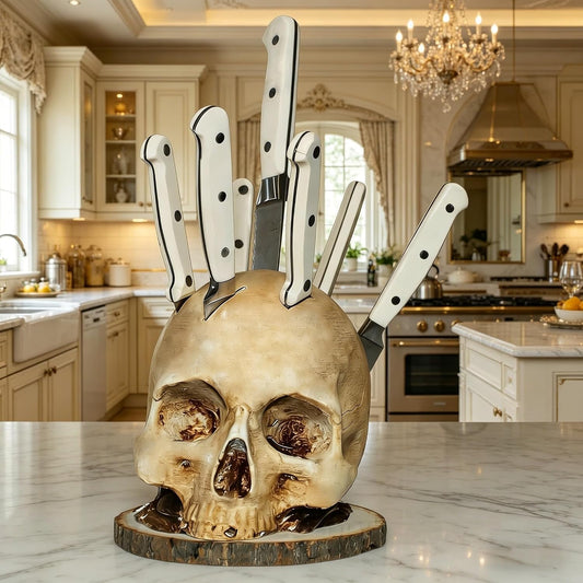 Skull Knife Holder for Kitchen, Skeleton Knife Stand, Horror Kitchen Storage Head Rack Kitchen Fruit Storage Rack Decoration, Scary Party Fruit Storage Rack Decoration