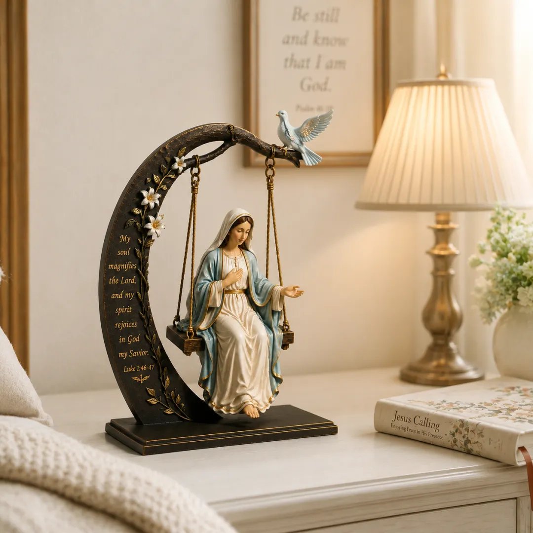 🙏Blessed Mary Cradle Swing Sculpture – Luke 1:46 Faith Table Decor | Holy Virgin Prayer Rocking Decor with Dove & Crescent Arch🕊️