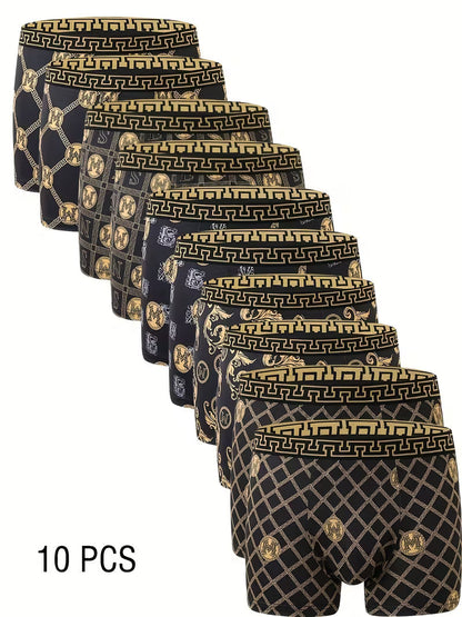 10pcs of Men's Boxer Underwear, Breathable and Soft, High-end Black Golden