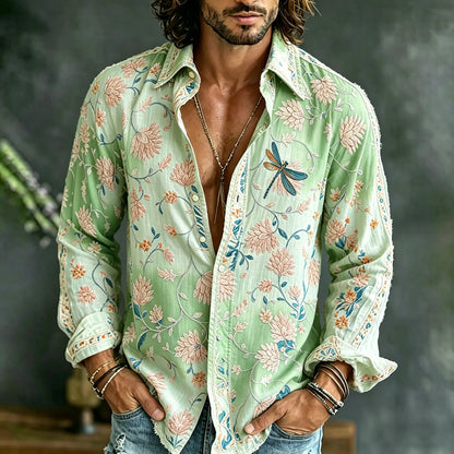 Men's Vintage Floral Embroidered Art Print Flowy Linen Blend Casual Shirt