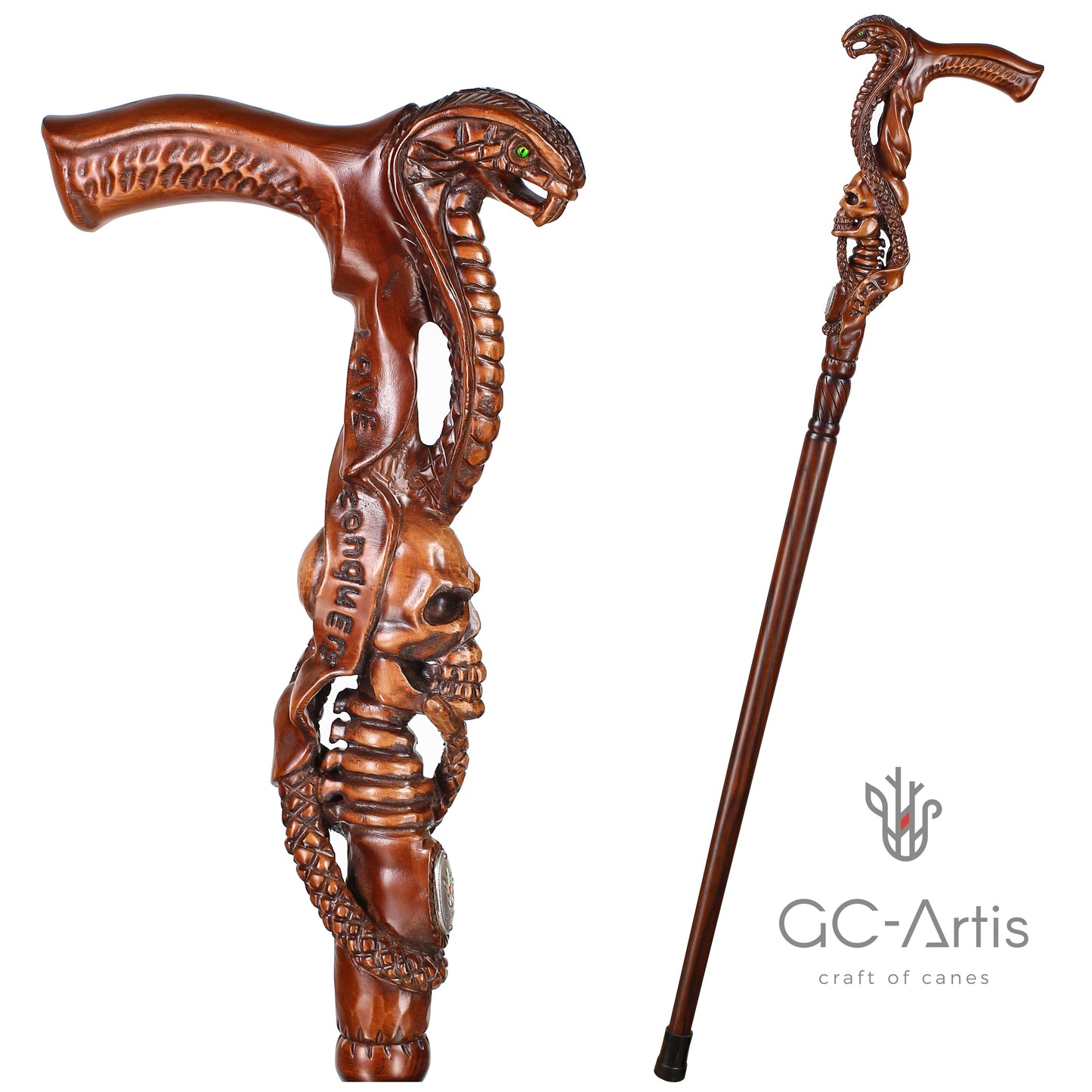 Snake & Skull Dark Wood – Hand-Carved Wooden Walking Cane