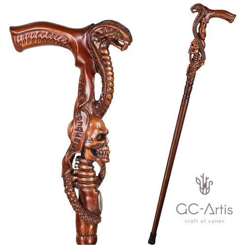 Snake & Skull Dark Wood – Hand-Carved Wooden Walking Cane