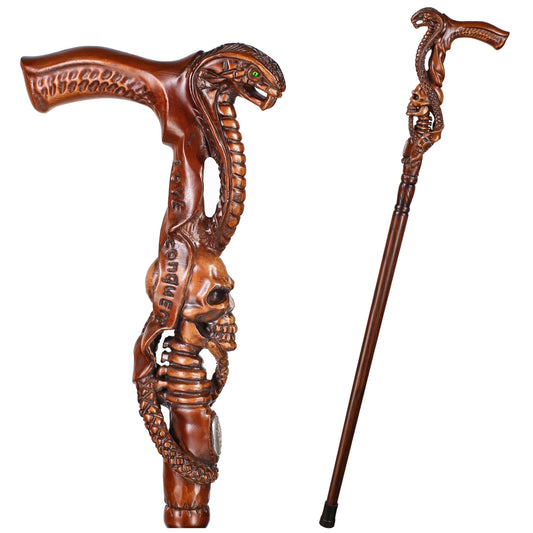 Snake & Skull Dark Wood – Hand-Carved Wooden Walking Cane