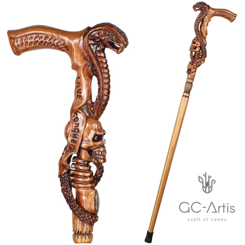 Snake & Skull Light Wood – Hand-Carved Wooden Walking Cane