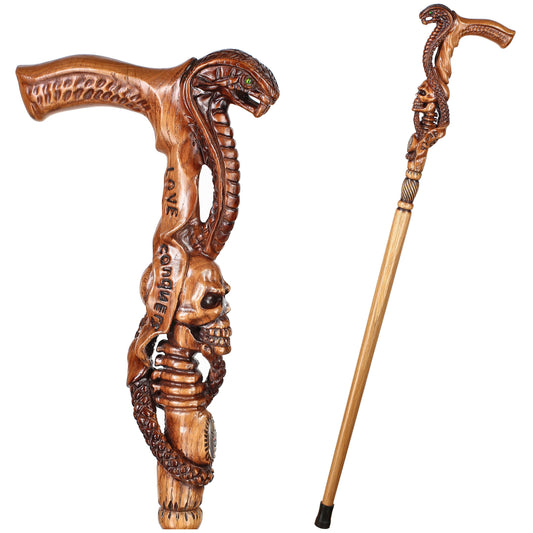 Snake & Skull Light Wood – Hand-Carved Wooden Walking Cane