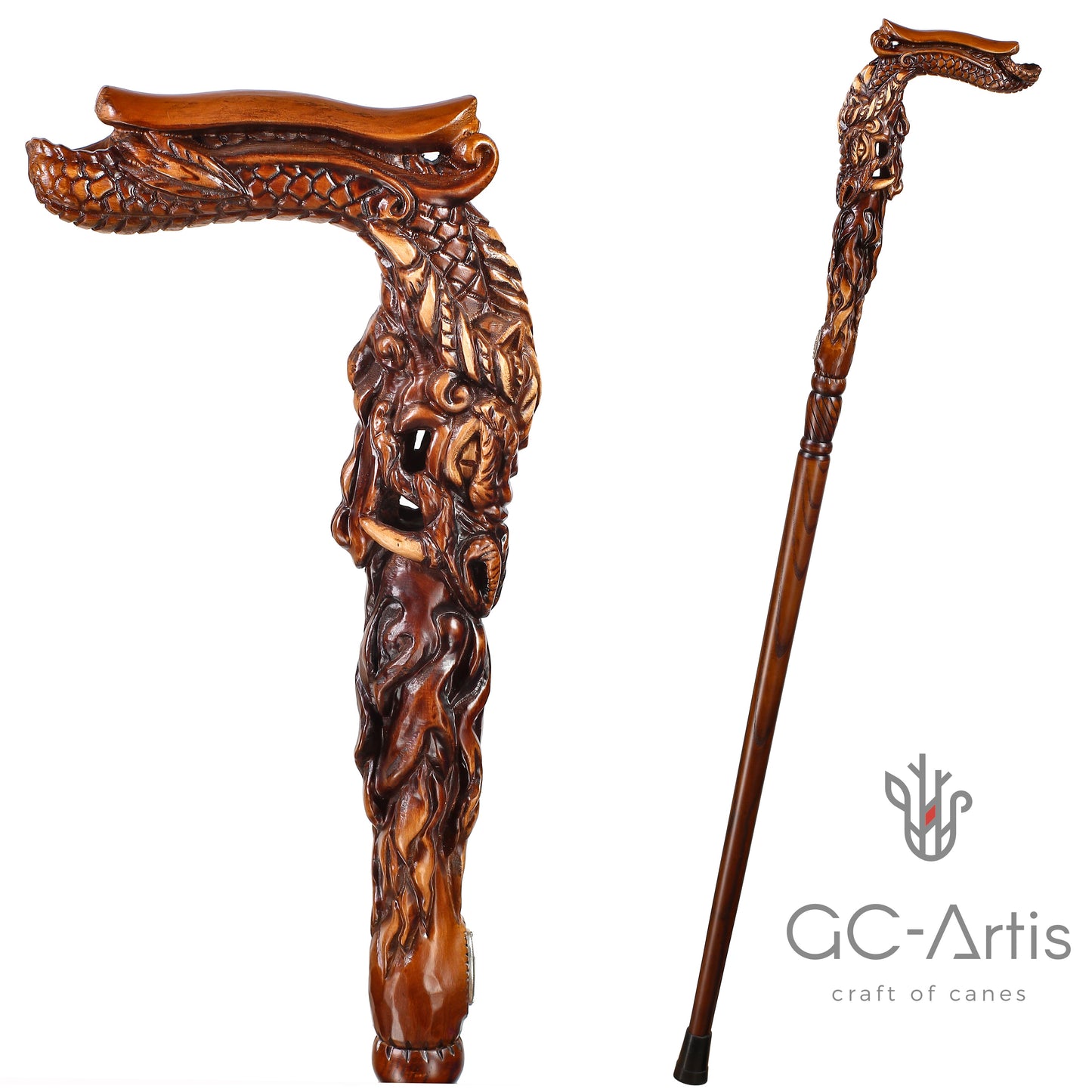Fiery Dragon Dark Wood – Hand-Carved Wooden Walking Cane