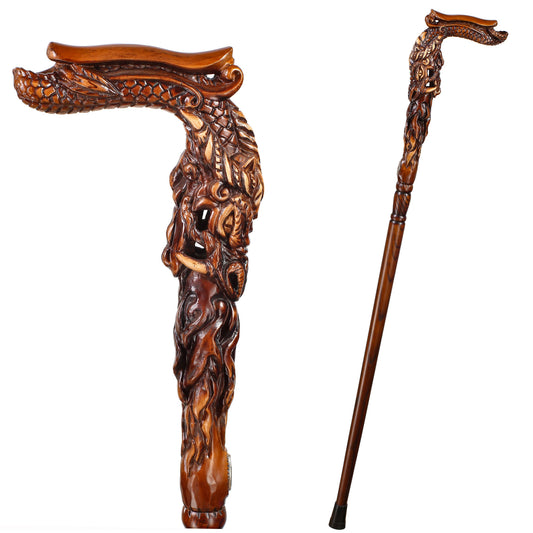 Fiery Dragon Dark Wood – Hand-Carved Wooden Walking Cane