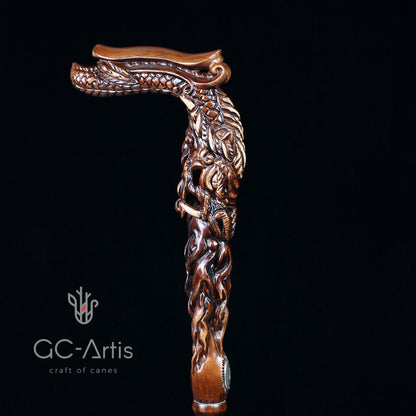 Fiery Dragon Dark Wood – Hand-Carved Wooden Walking Cane