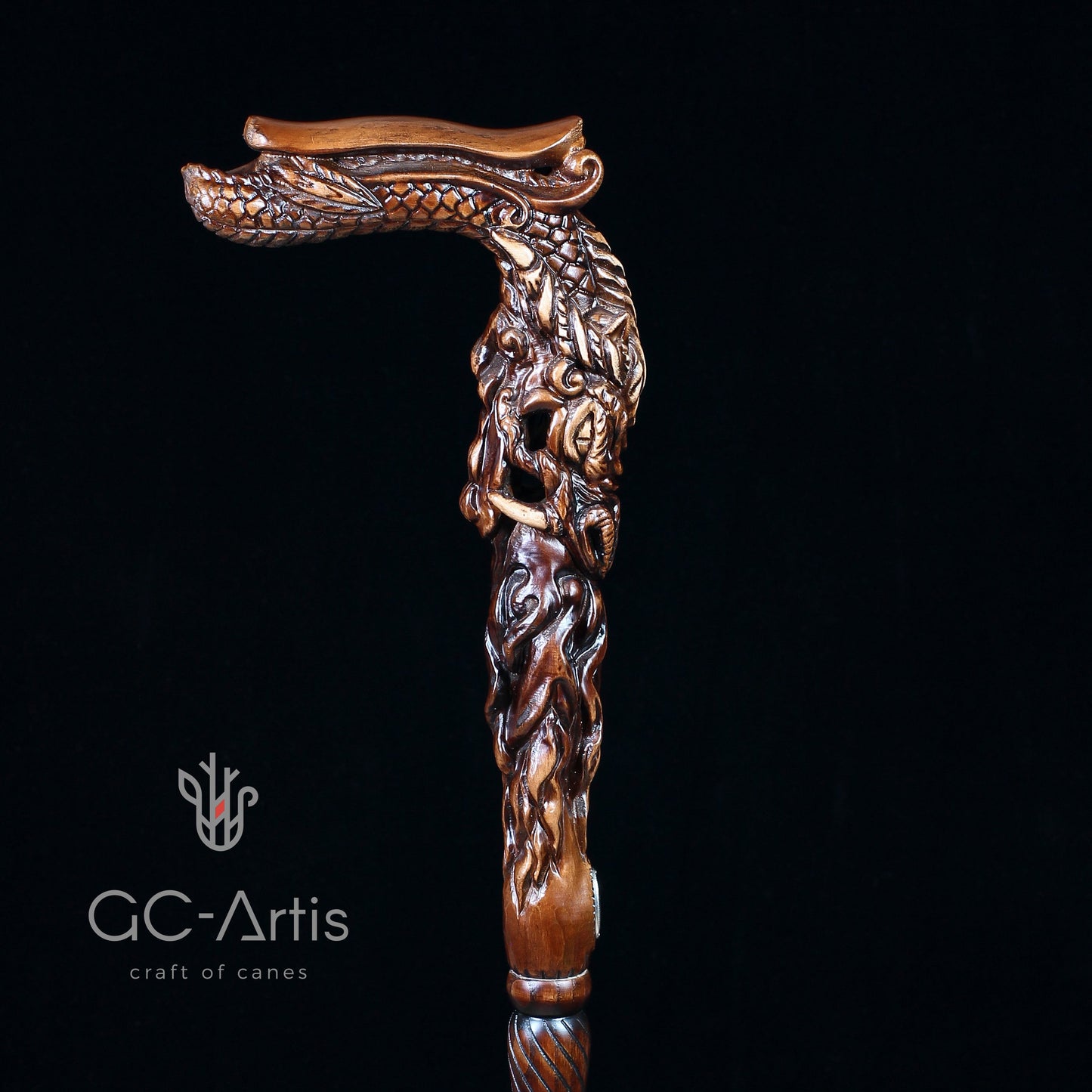 Fiery Dragon Dark Wood – Hand-Carved Wooden Walking Cane