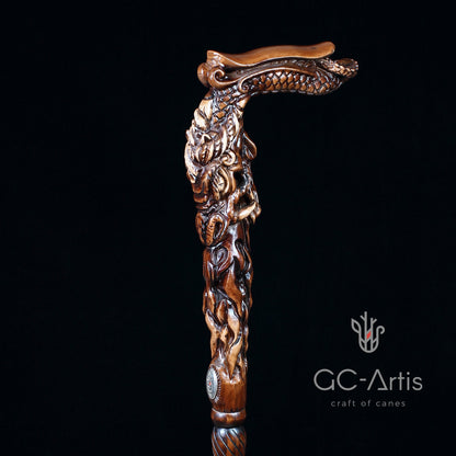 Fiery Dragon Dark Wood – Hand-Carved Wooden Walking Cane
