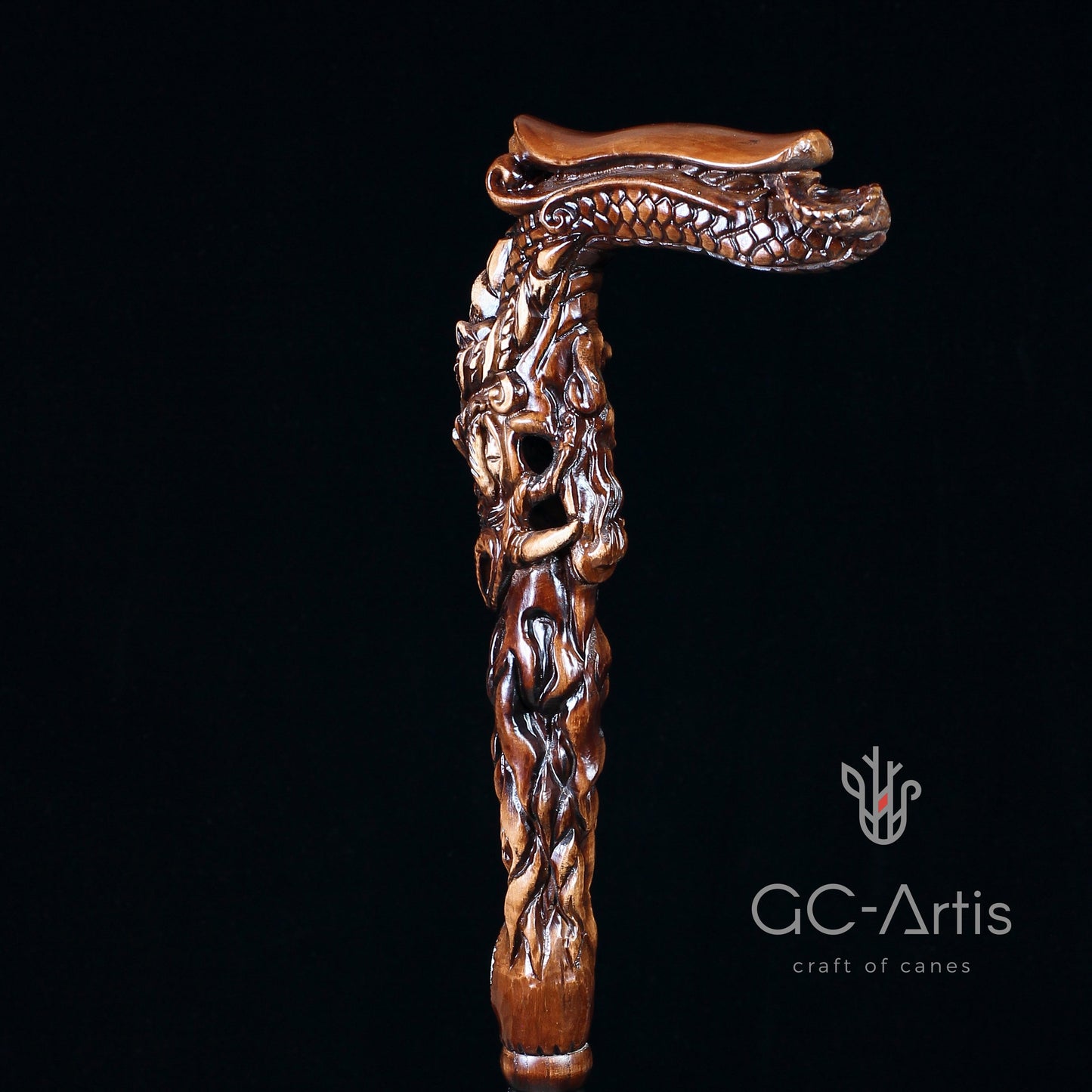 Fiery Dragon Dark Wood – Hand-Carved Wooden Walking Cane