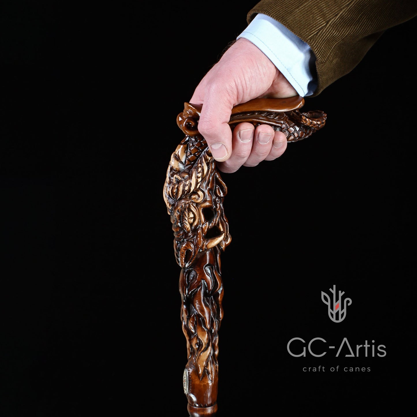 Fiery Dragon Dark Wood – Hand-Carved Wooden Walking Cane
