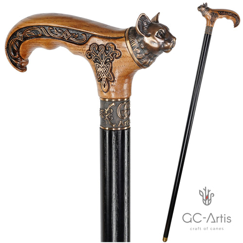 Kitty Head – Bronze & Wood Walking Cane