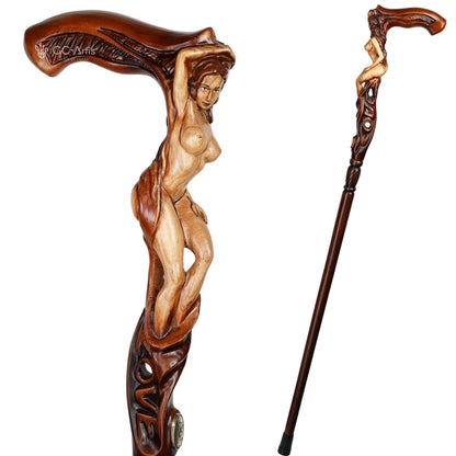 "LOVE" Girl Dark Wood – Hand-Carved Wooden Walking Cane