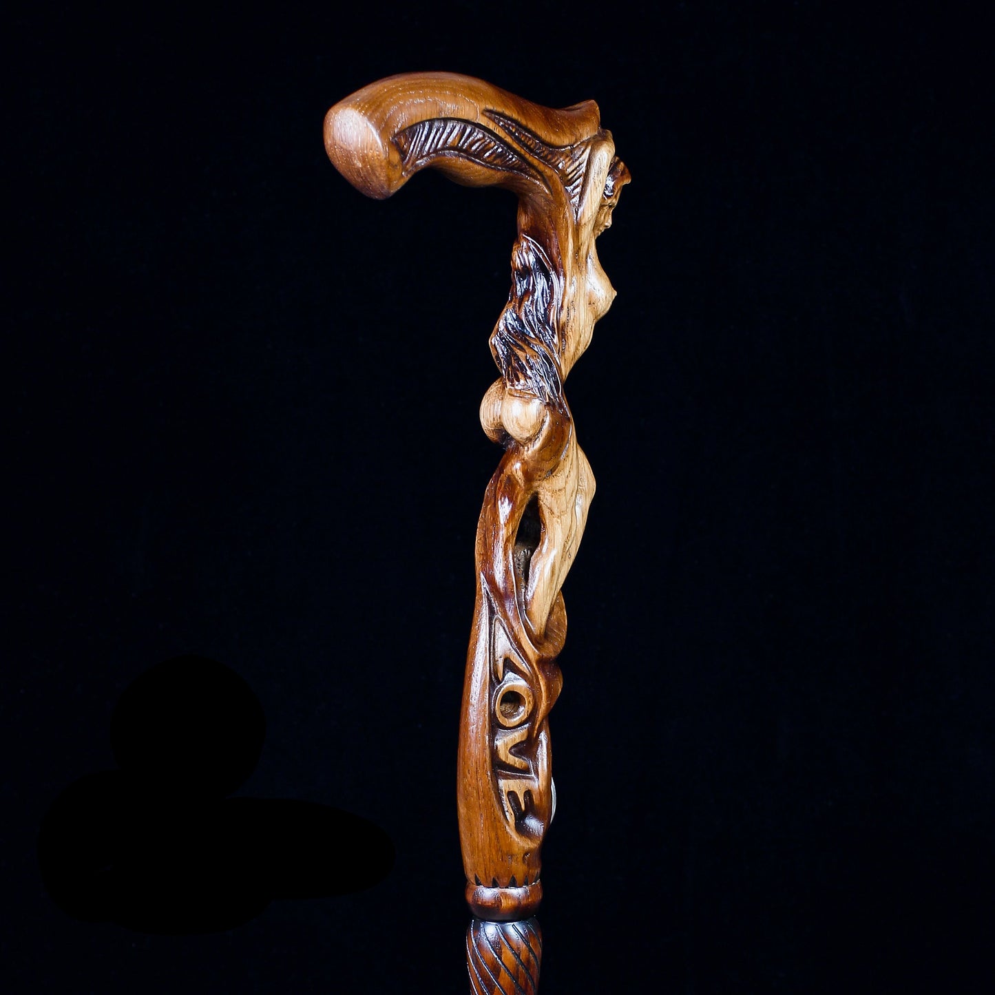 "LOVE" Girl Dark Wood – Hand-Carved Wooden Walking Cane