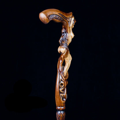 "LOVE" Girl Dark Wood – Hand-Carved Wooden Walking Cane