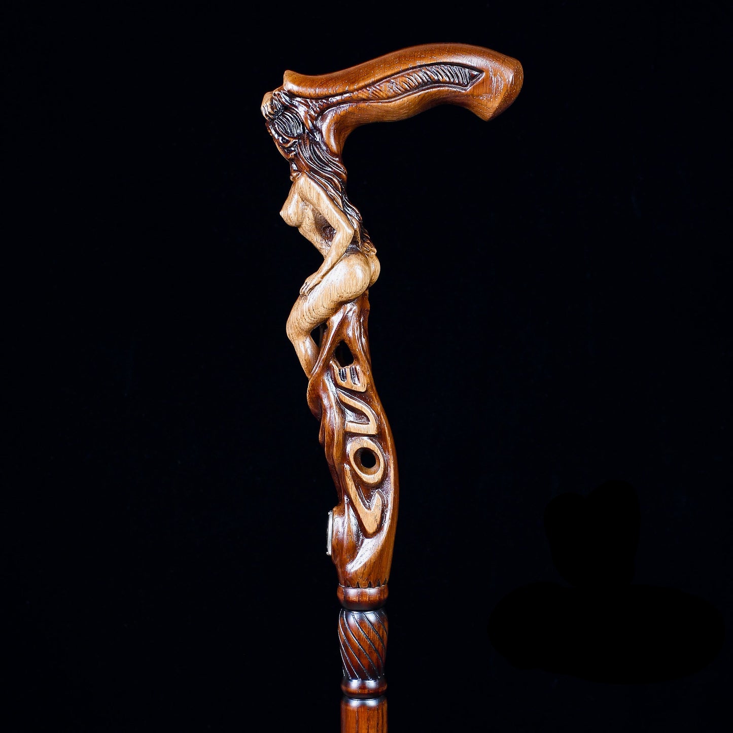 "LOVE" Girl Dark Wood – Hand-Carved Wooden Walking Cane