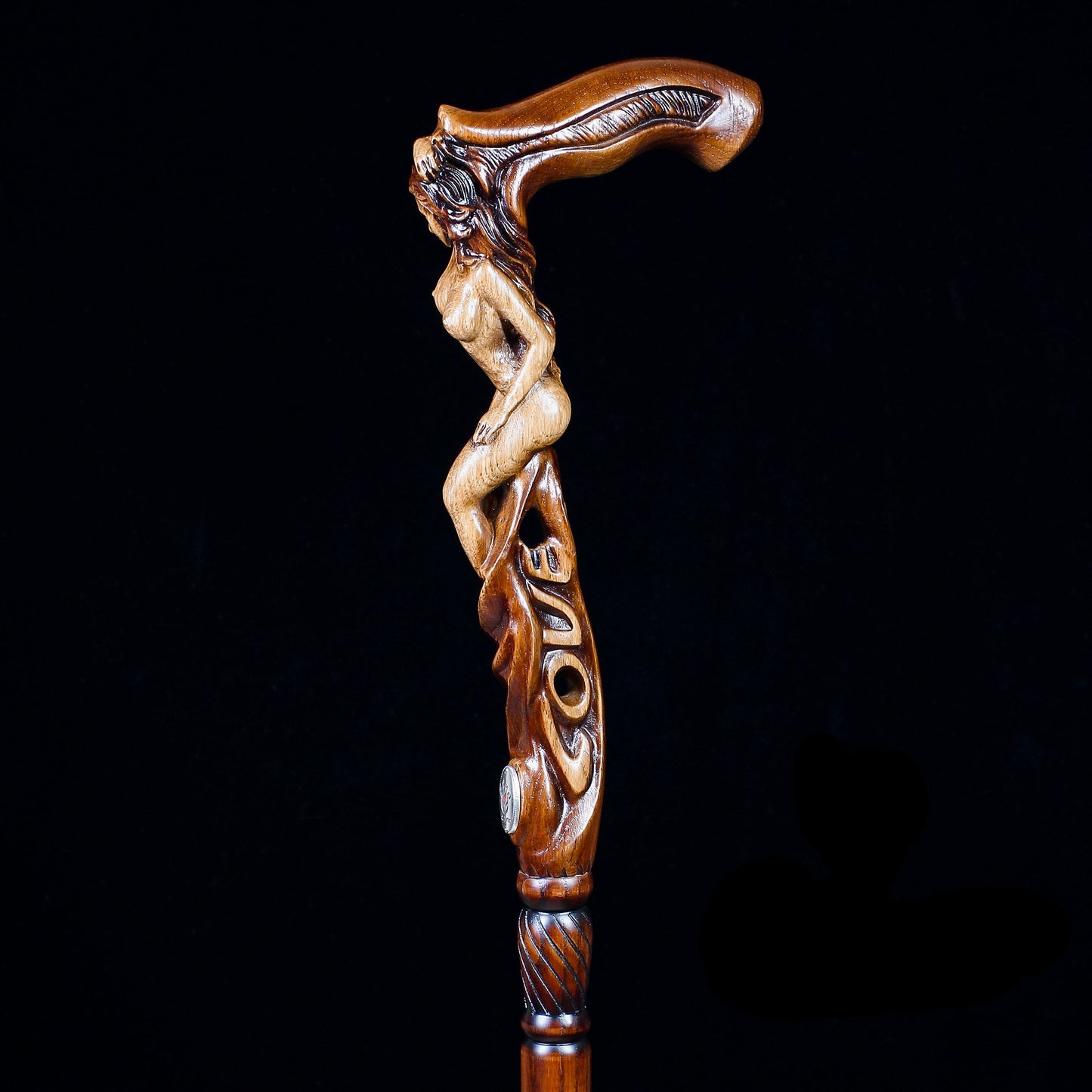 "LOVE" Girl Dark Wood – Hand-Carved Wooden Walking Cane
