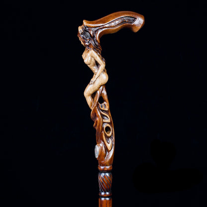 "LOVE" Girl Dark Wood – Hand-Carved Wooden Walking Cane