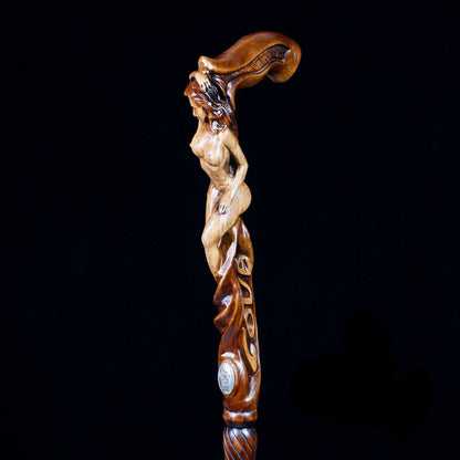 "LOVE" Girl Dark Wood – Hand-Carved Wooden Walking Cane
