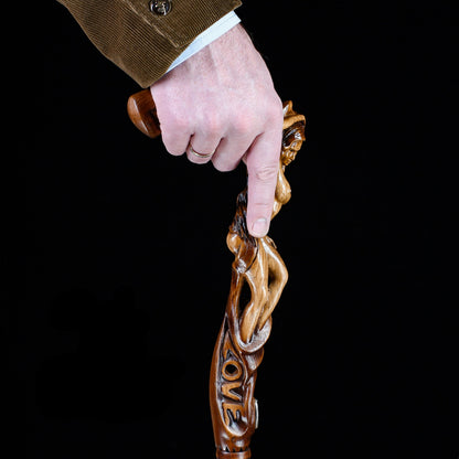 "LOVE" Girl Dark Wood – Hand-Carved Wooden Walking Cane