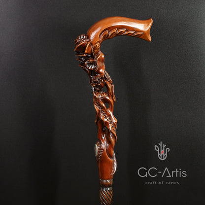 Rose Dark Wood – Hand-Carved Wooden Walking Cane