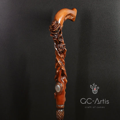 Rose Dark Wood – Hand-Carved Wooden Walking Cane