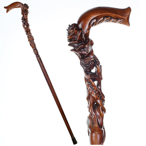 Rose Dark Wood – Hand-Carved Wooden Walking Cane