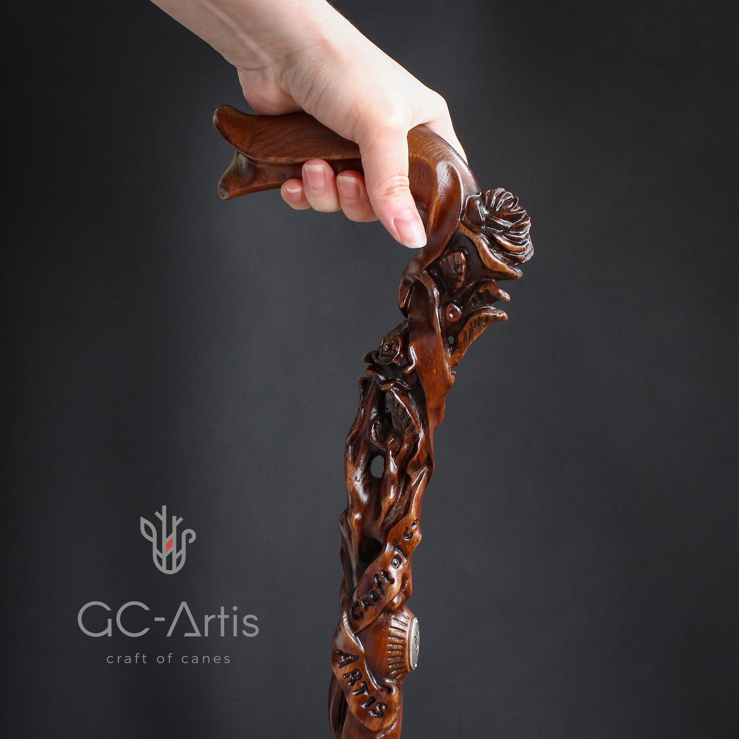 Rose Dark Wood – Hand-Carved Wooden Walking Cane