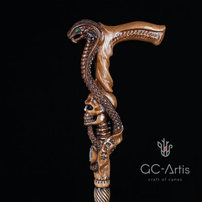Snake & Skull Light Wood – Hand-Carved Wooden Walking Cane