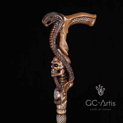 Snake & Skull Light Wood – Hand-Carved Wooden Walking Cane