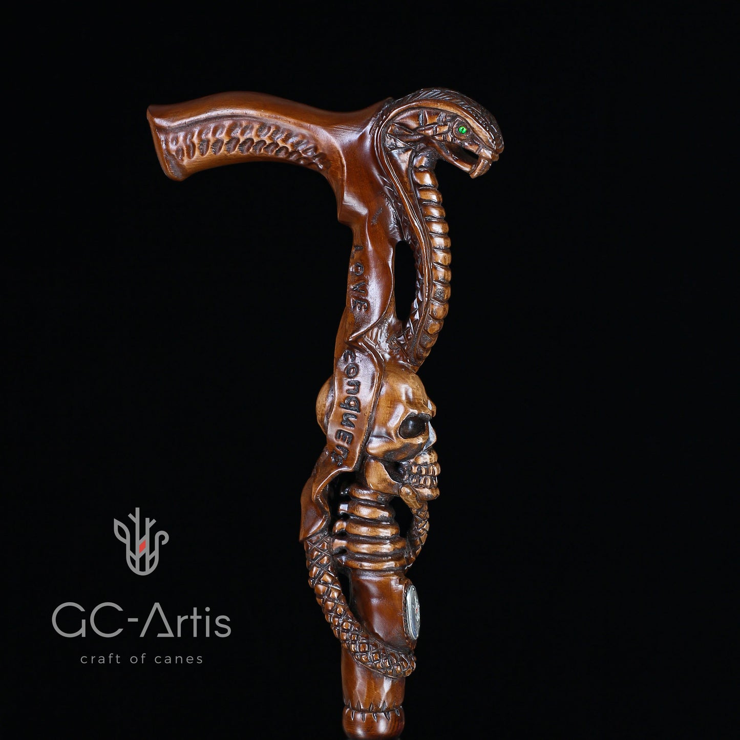 Snake & Skull Dark Wood – Hand-Carved Wooden Walking Cane