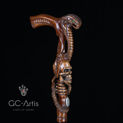 Snake & Skull Dark Wood – Hand-Carved Wooden Walking Cane