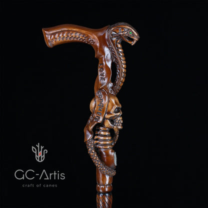 Snake & Skull Dark Wood – Hand-Carved Wooden Walking Cane