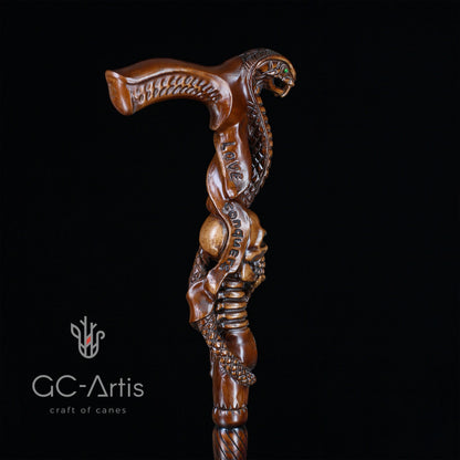 Snake & Skull Dark Wood – Hand-Carved Wooden Walking Cane