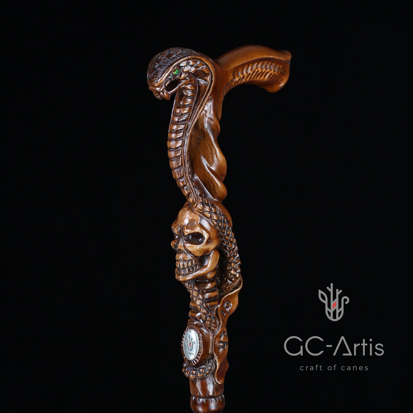 Snake & Skull Dark Wood – Hand-Carved Wooden Walking Cane