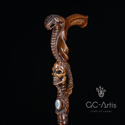 Snake & Skull Dark Wood – Hand-Carved Wooden Walking Cane