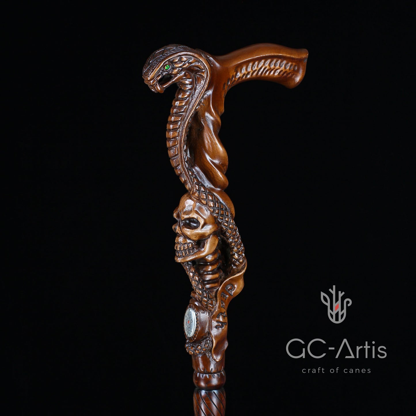 Snake & Skull Dark Wood – Hand-Carved Wooden Walking Cane