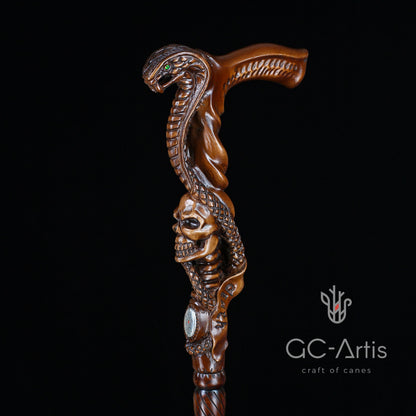 Snake & Skull Dark Wood – Hand-Carved Wooden Walking Cane