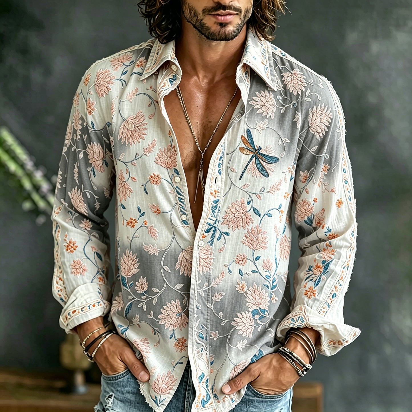 Men's Vintage Floral Embroidered Art Print Flowy Linen Blend Casual Shirt