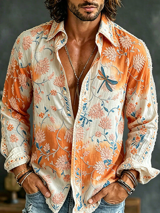 Men's Vintage Floral Embroidered Art Print Flowy Linen Blend Casual Shirt