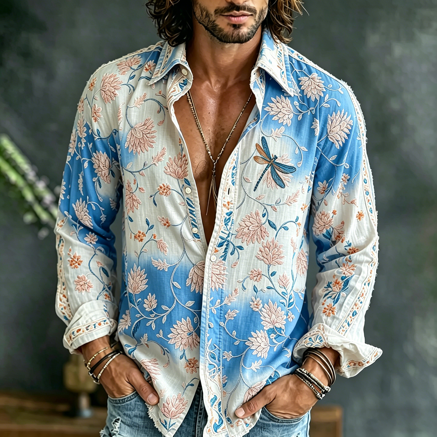 Men's Vintage Floral Embroidered Art Print Flowy Linen Blend Casual Shirt