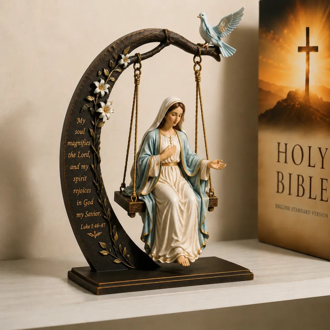 🙏Blessed Mary Cradle Swing Sculpture – Luke 1:46 Faith Table Decor | Holy Virgin Prayer Rocking Decor with Dove & Crescent Arch🕊️