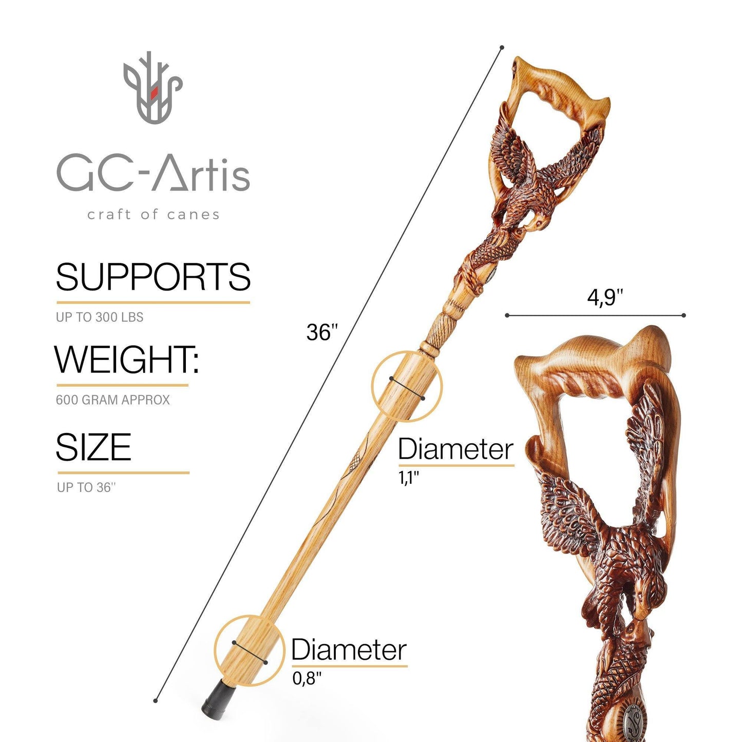 Hunting Eagle Light Wood – Hand-Carved Wooden Walking Cane