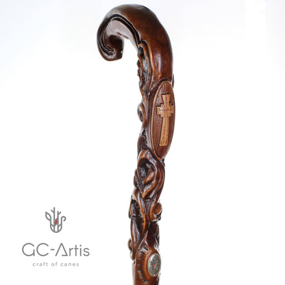 Pilgrims Cane - Christian Cross – Hand-Carved Wooden Walking Cane