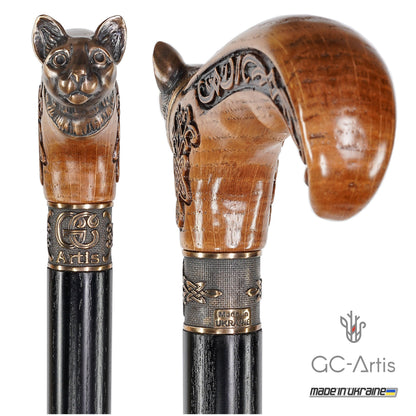 Kitty Head – Bronze & Wood Walking Cane